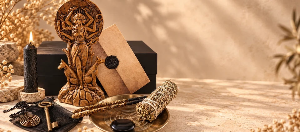 Altar de Hécate con figura, llave ritual, plato ceremonial, obsidiana, velas e instrumentos rituales