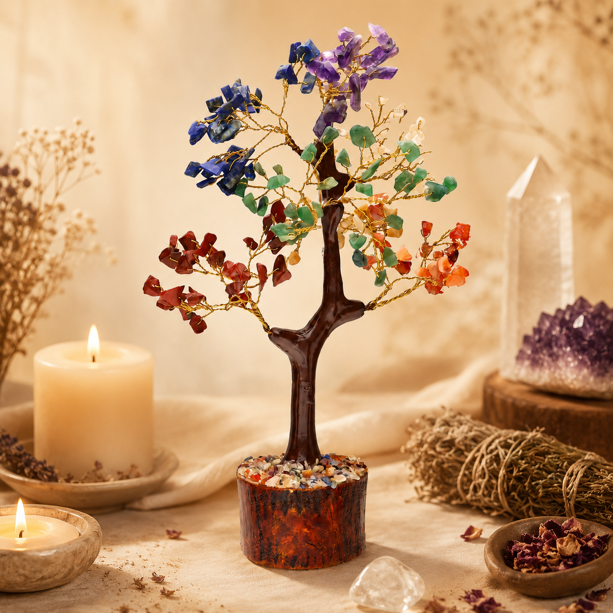 Árbol de Mix Minerales Chakras con Base de Madera